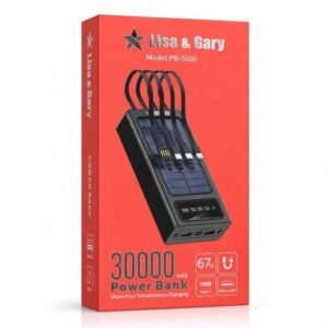 Buy the Lisa & Grey PB-5500 30000mAh Solar Power Bank featuring 67W fast charging, 4 built-in cables, and LED display. Perfect for travel & emergency use.