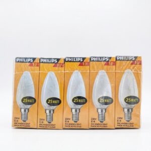 احصل على مجموعة من 5 قطع مصابيح Philips Incandescent 25W E14 المتوهجة الأصلية صنع بولندا. إضاءة مثالية للديكورات والثريات. متوفر بمركز الإمارات.